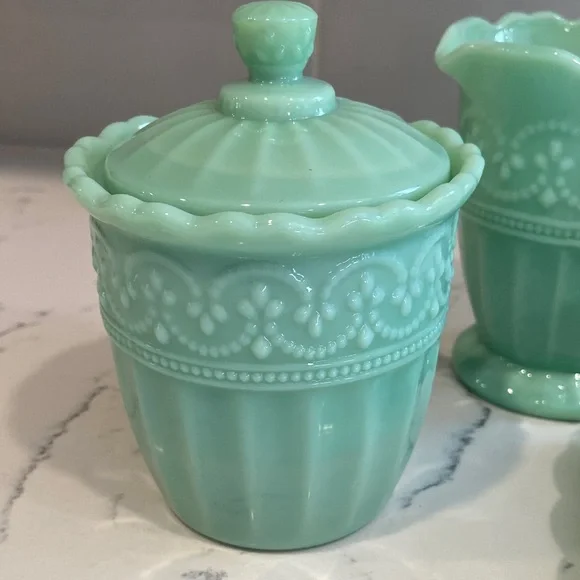 Pioneer Woman Mint Green Glass Butter Dish Creamer Sugar Set - Picture 3 of 16